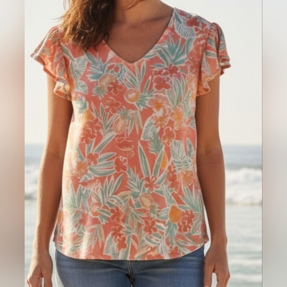 Casey Key Tops - Casey Key - NWOT, Multi Colored Floral Blouse, Flutter Sleeves, V-Neck, Stretch,